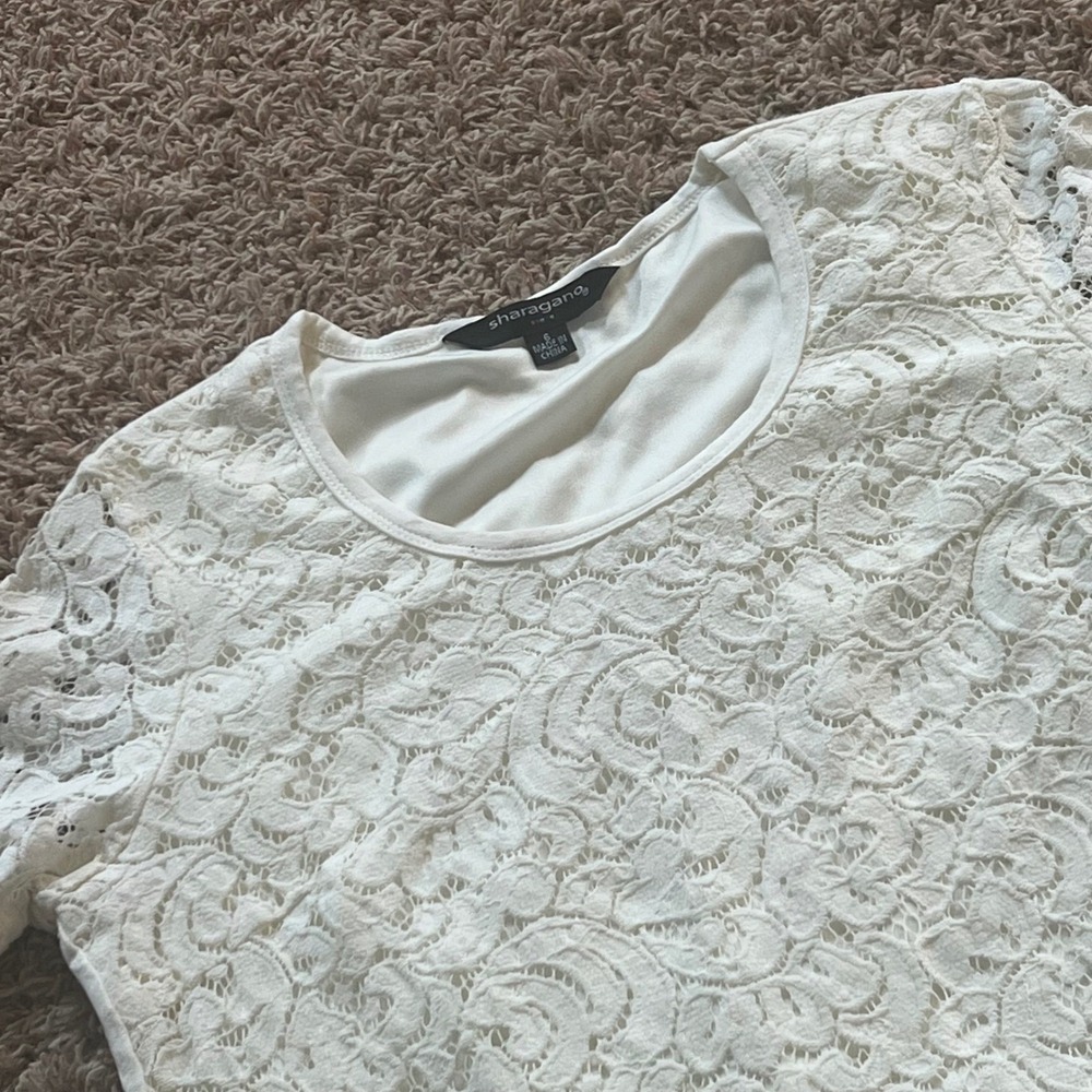 Sharagano White Floral Lace Sheath Mini Dress Short Sleeve Size 6